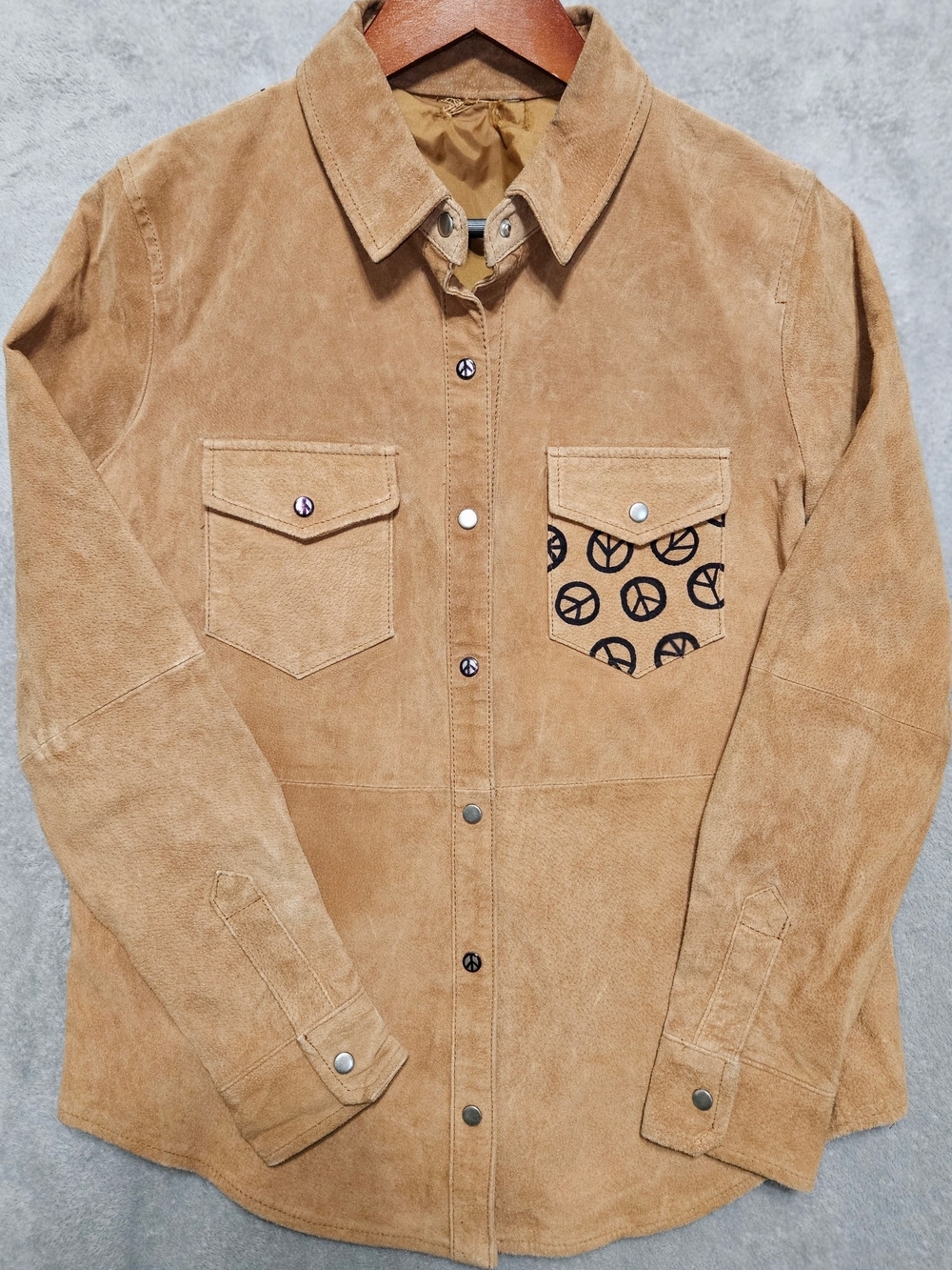 Tan Suede Shirt Jacket with Printed Chest Pocket